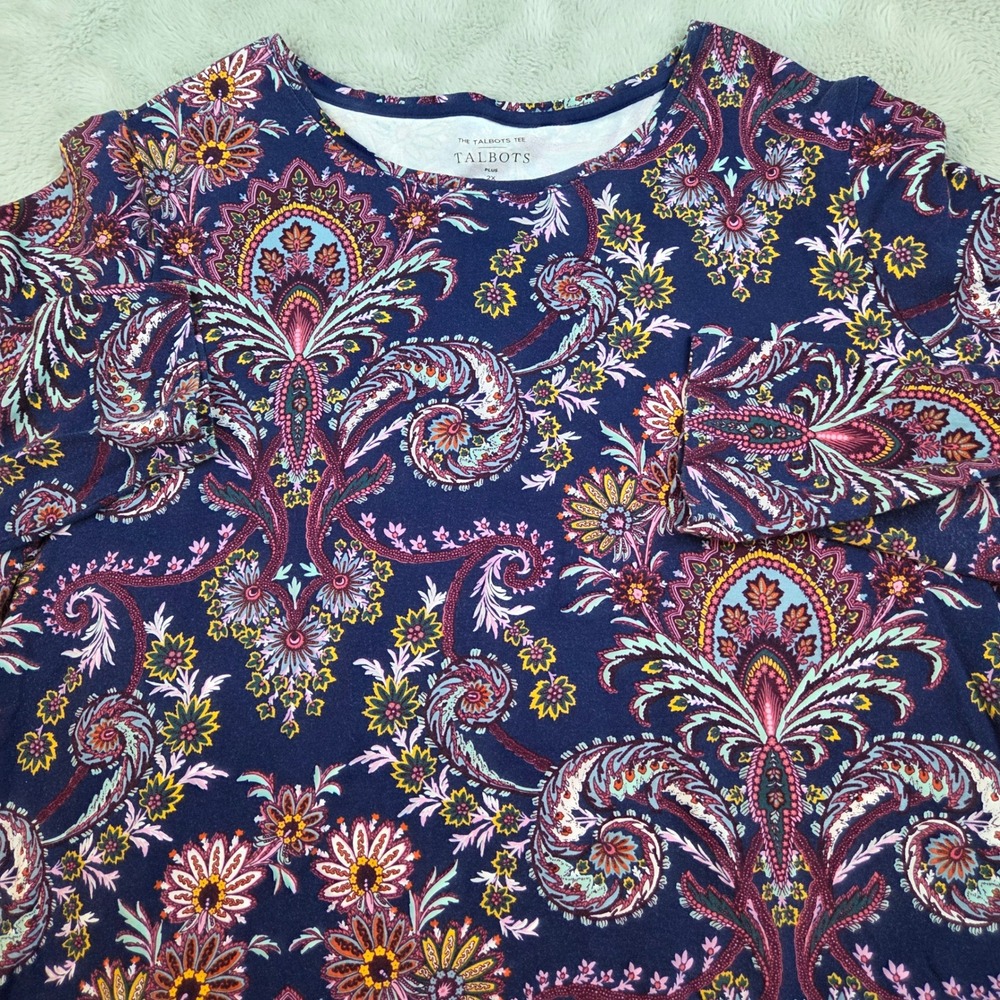 Talbots Cotton Blend Tee Women 2X Paisley Floral Long Sleeve Crew Neck Navy Blue